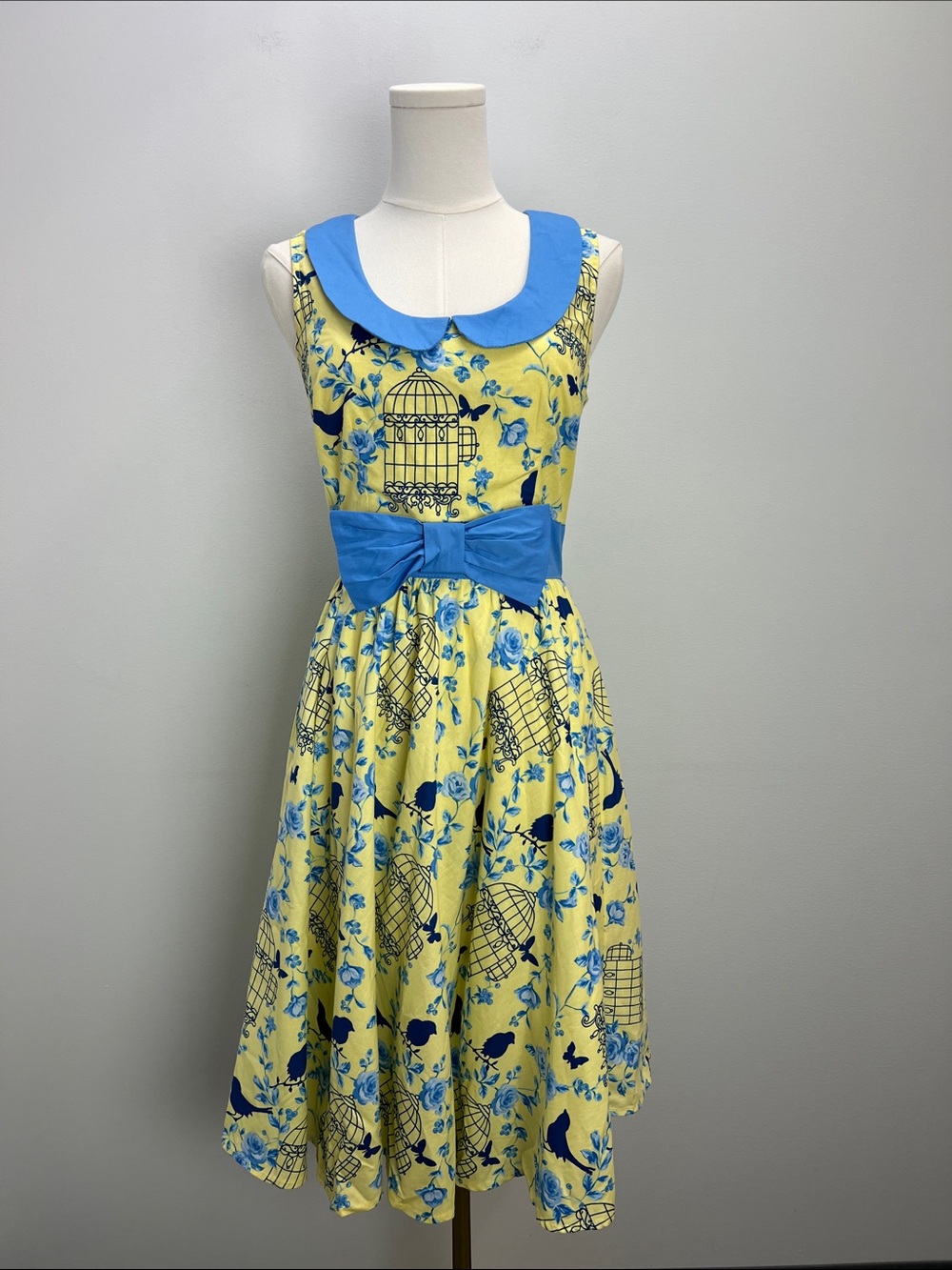 Retrolicious Modcloth Retro Birdcage Dress Yellow Blue Vintage Style Small